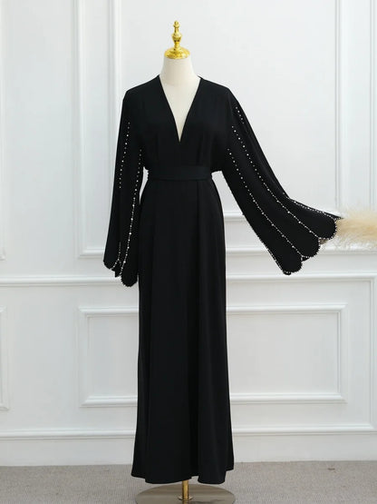 Middle East Women Arabic Dubai Abaya Made Beading Kimono Cardigan Long Dress Modest Ramadan Robe Femme Islam Clothing Kebaya.