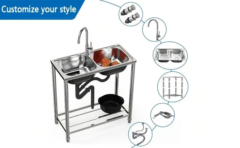 Doppelspüle aus Edelstahl mit Warm- und Kaltwasserhähnen und Ablaufset, perfekt für Garten und Camping