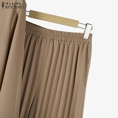 ZANZEA Muslim Sets Fashion 2pcs Women Long Sleeve Blouse Wide Leg Pant Sets Causal Spring Solid Work Outfits Islamic Clothing