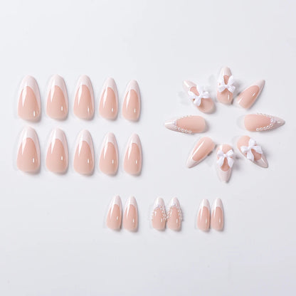 24pcs(+Tools) Pearl Bow Nude Pink Press On Nails White French Fingertips Almond Full Cover Fasle Nails New Year Nail Accessories.
