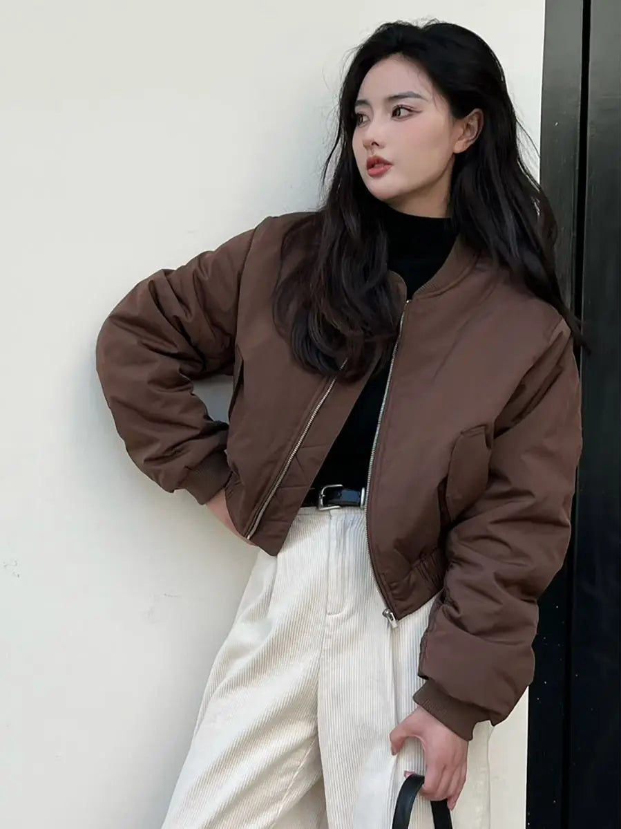 Damen-Bomberjacken, locker, einfarbig, kurz, Winter, braun, für Damen, Baseball-Fliegermäntel, günstige Angebote, neue Produkte, hübscher, schicker Luxus.