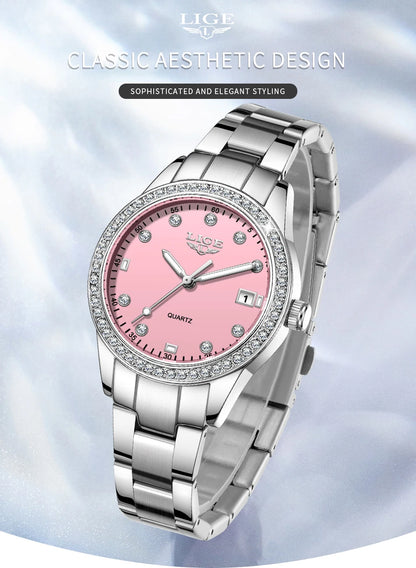 LIGE 2025 Diamond Women's Watch Fashion Elegant Quartz Wristwatches Waterproof Steel Strap Watch For Ladies Gifts Reloj Mujer.