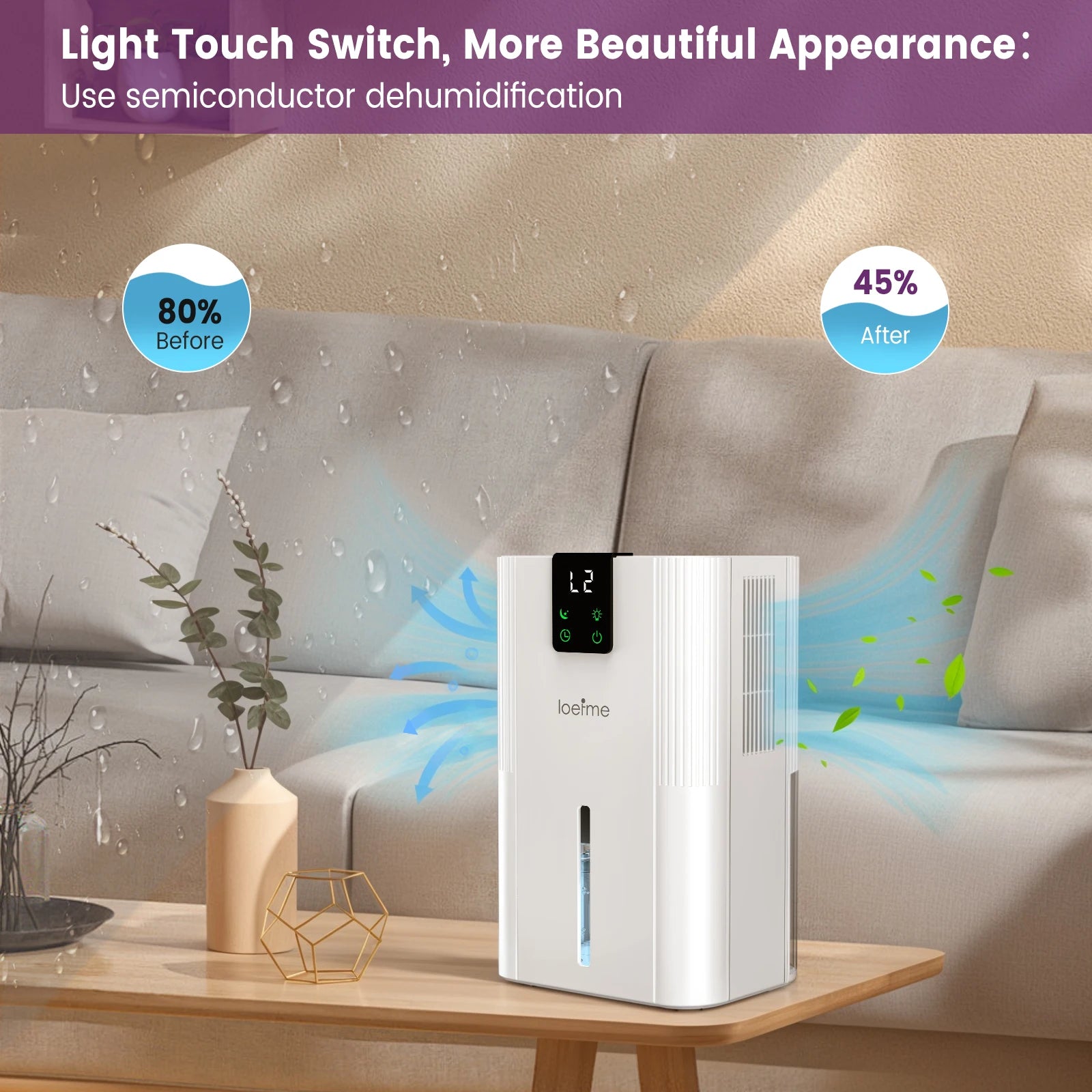 LOEFME 2.8L Mute Dehumidifier 650ml/Day Moisture Absorbers Air Dryer Quiet Air Dehumidifier with Touch Display For Home Bathroom.
