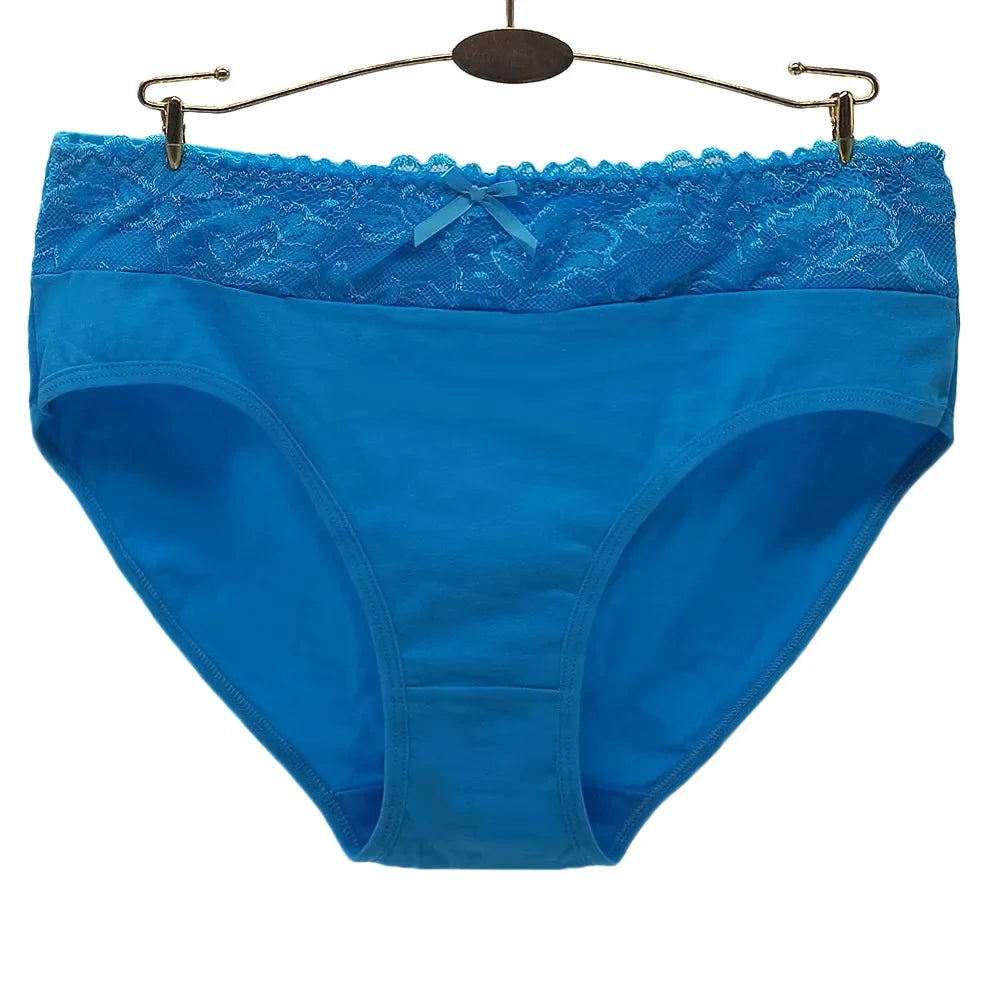 Women's cotton briefs sexy mid-rise solid lace waist patchwork panties Ladies briefs plus size women briefs underwear 3 Pcs/lot.