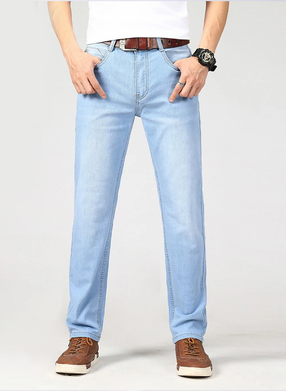 Wthinlee Spring Summer Business Jeans Men Light Blue Casual Straight Stretch Fashion Classic Work Denim Trousers Brand Clothing.