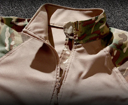 Autumn Tactical Sets Men Outdoor Breathable Short Sleeve Tshirt+Waterproof Straight Pant 2 Pcs Suits Camo Multi-pocket Cargo Set.