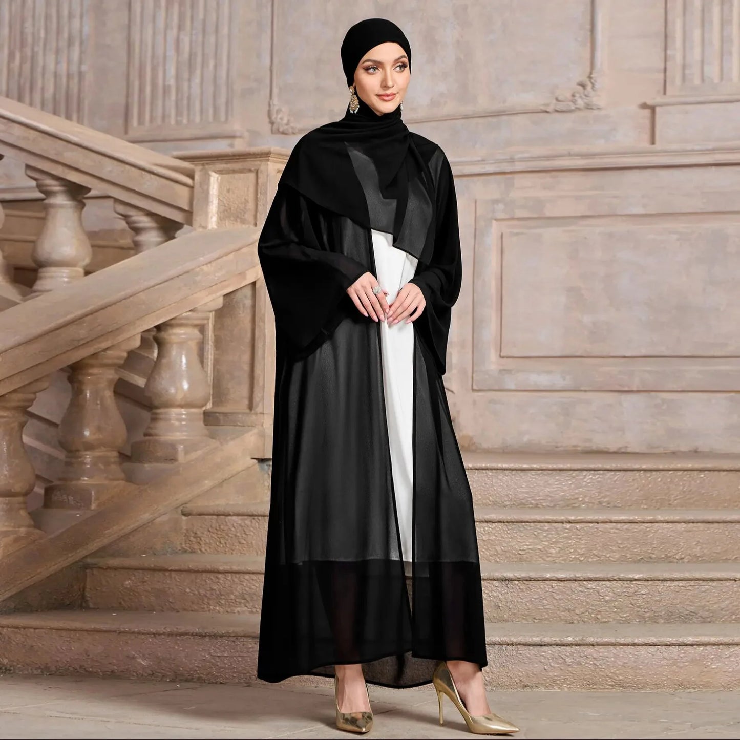 Ramadan Abaya  Muslim's Women Kebaya Solid Color Open Front Modest Cover Up, Versatile Long Sleeve Maxi Loose Outwear With Hijab.