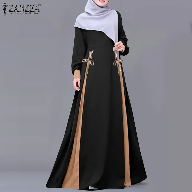 ZANZEA Mode Frauen Langarm Muslimischen Abaya Kleid Frühling Patchwork Maxi Kleider Robe Femme IsIamic Vestidos Lace Up Sommerkleid.