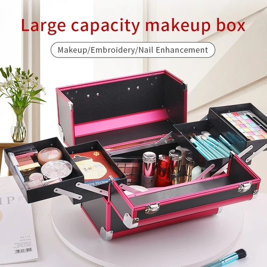Makeup Train Case Pro Adjustable 4 Sliding Trays Cosmetic Case Storage Organizer Box Lockable Compartments.