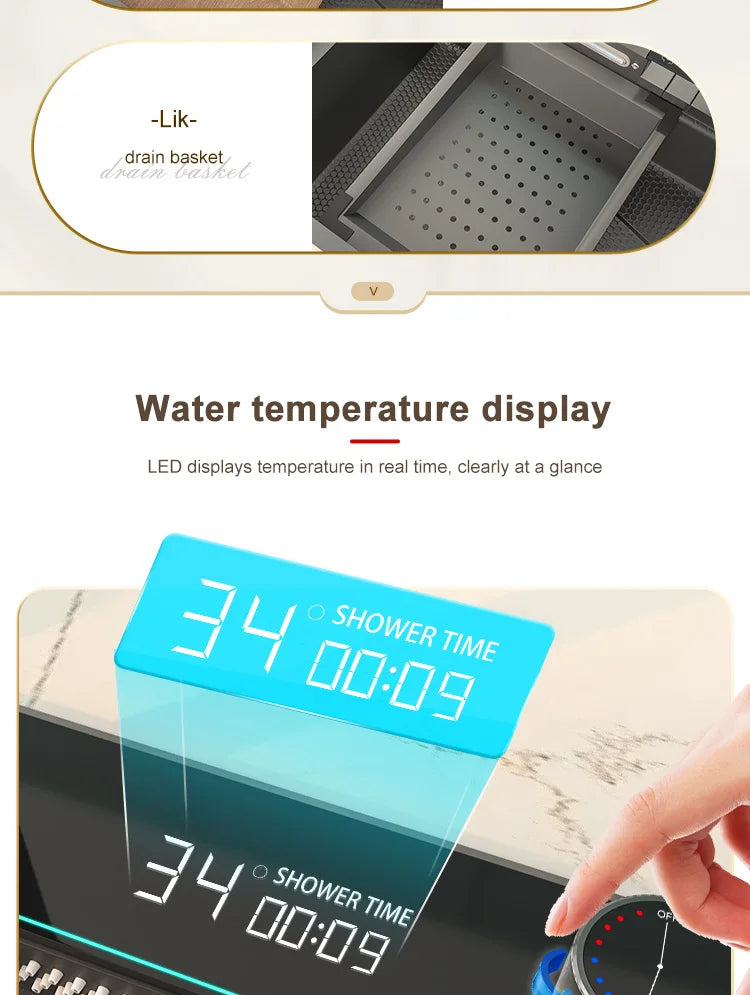 Edelstahl-Küchenspüle mit Wasserfall-Wasserhahn, integrierte Digitalanzeige, geprägtes Waschbecken für die Küche