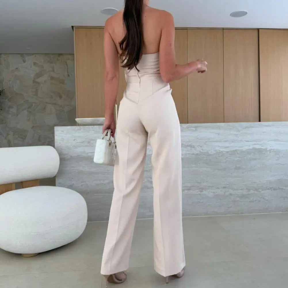 Neck-lengthening Jumpsuit Elegant Women's Strapless Jumpsuit Stylish Off Shoulder Romper with High Waist Wide Leg Chic for Women.