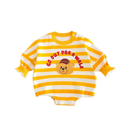Gelbe Kollektion Frühling Herbst Baby Mädchen Junge Rundkragen Lange Ärmel Cartoon Bär Body/Strampler Neugeborenen Overall K31266