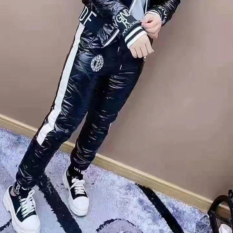 Mode Winter Glänzend Parkas Frauen Anzug Übergroßen Zwei Stück Set Casual Mit Kapuze Baumwolle Gepolsterte Kurzen Mantel + Verdicken Warme Hose Sets