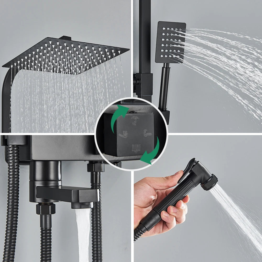 Rainfall Bathroom Shower Faucet Kit With Bidet Wall Mounted Stainless Steel Hot Cold Water Mixer Tap System With Rack,Tub Spout