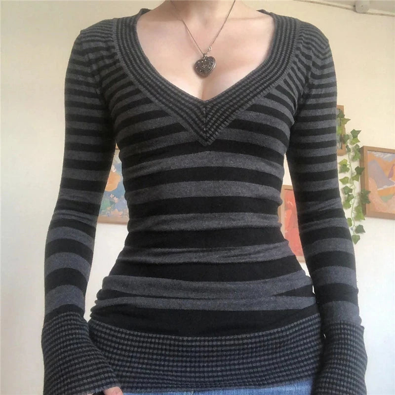y2k Knitted Top Fairy Grunge Clothes Women Striped V Neck Long Sleeve T Shirt 2000s Clothing Punk Gothic Streetwear.
