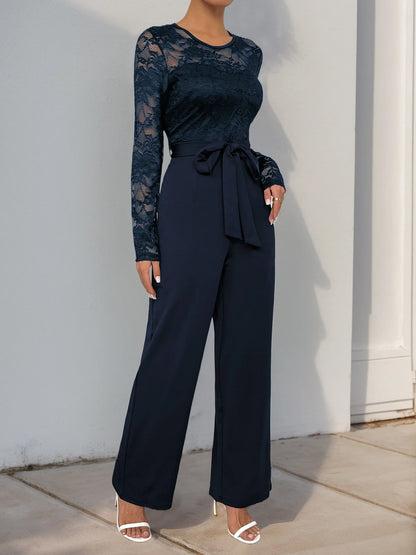 Spring New Women's Sexy Lace Spliced Long Jumpsuit Fashion Solid Color Hollow Long Sleeve Casual Laces Wide Leg Jumpsuit Women.