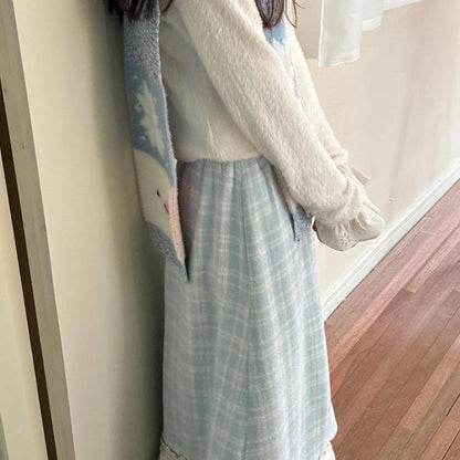 Japanese Sweet Long Skirt Women Fall Winter Blue Plaid Vintage Preppy Patchwork Skirts High Waist A Line Loose Casual Cute Skirt.