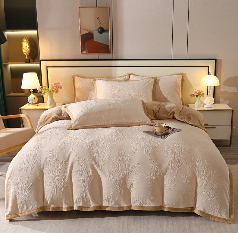 2025 new light luxury high gram weight carved fleece milk fleece bed sheet four-piece set thickened warm bedding winter.