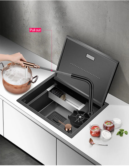 Nanometer Hidden Bar Island kitchen Sink 304 Stainless Steel Flip Cover Hidden Handmade Small Size kitchen Sinks With Cup Rinser