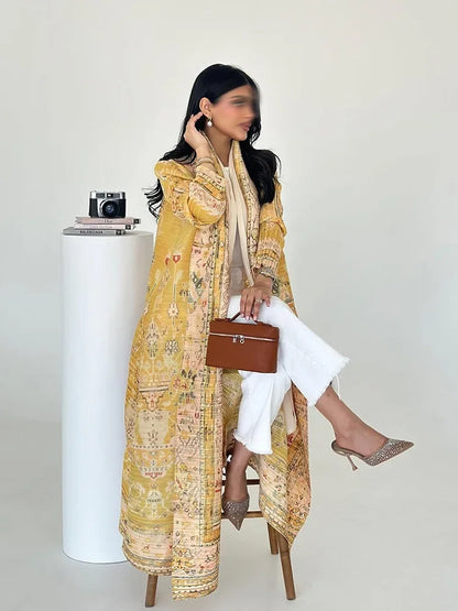 Abaya Miyake Pleated Printed Robe Jacket Arabian Dubai Style Women's Long Sleeve Conservative Demure Muslim Trench Coat 55inches