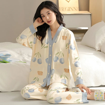 Herbst Winter Pyjamas Set für Frauen Kawaii Druck Nachtwäsche Anzug für Mädchen Mode Restlong Ärmel V-Ausschnitt Frau Pyjamas Set