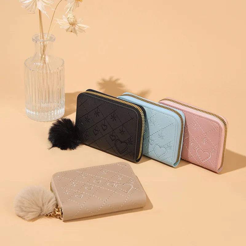 Women Fashion Zipper Wallet with Hairballs Simple Versatile Short Coin Purse Multi-Functional Multi-Card Slot Card Bag.