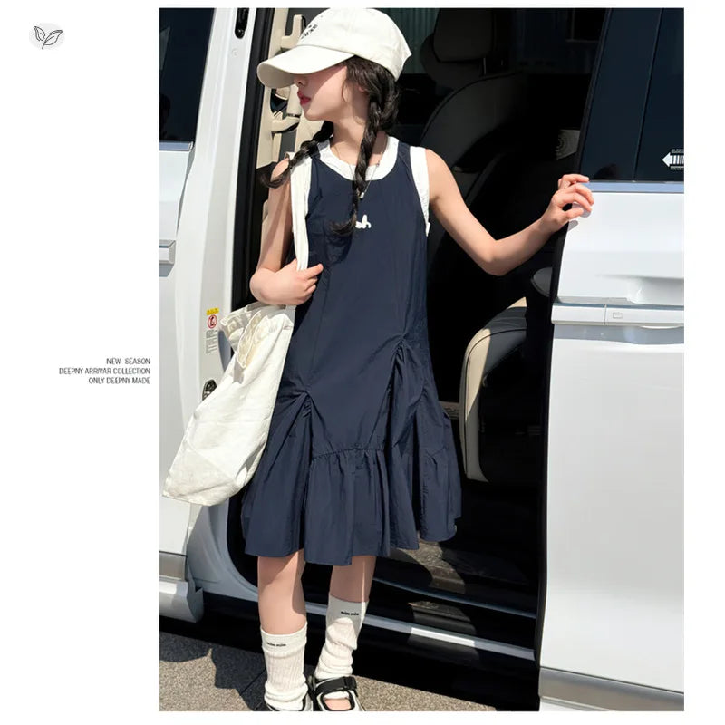 Neues Sommer-Mädchen-Prinzessinnenkleid für Kinder, ärmelloses Kleid mit Rüschen, Design-Kleider für Teenager, Kinder, lässiges Urlaubs-Strandkleid.