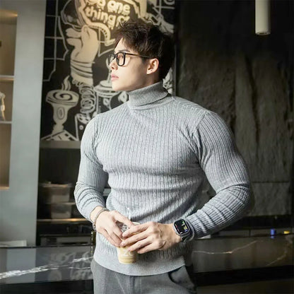 New Men's Turtleneck Sweaters Autumn Knitted Striped Streetwear Warm Long Sleeved Pullover Solid Color Basic Style Casual Tops.