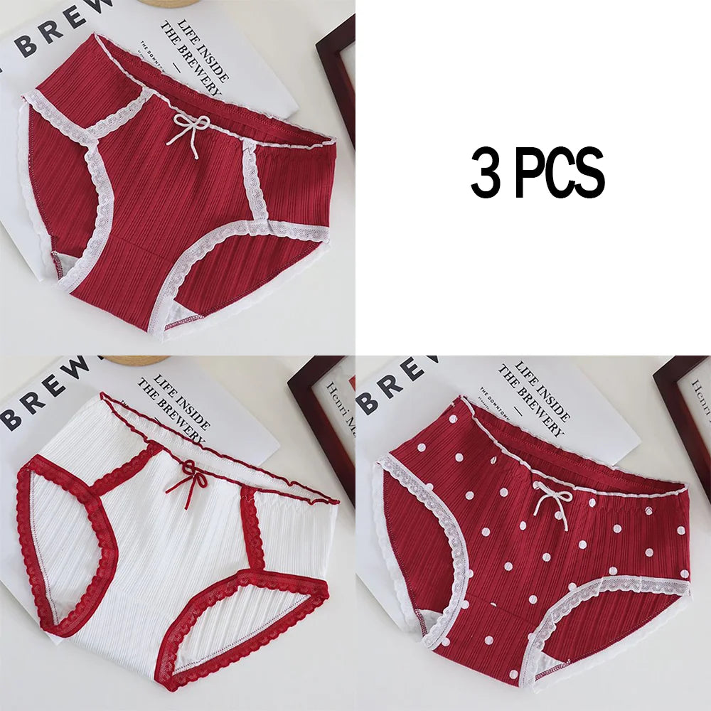 3pcs Cotton Women's Panties Sweet Cute Printed Student Mid-Waist Underwear Fashionable Breathable Girls Daily Briefs.