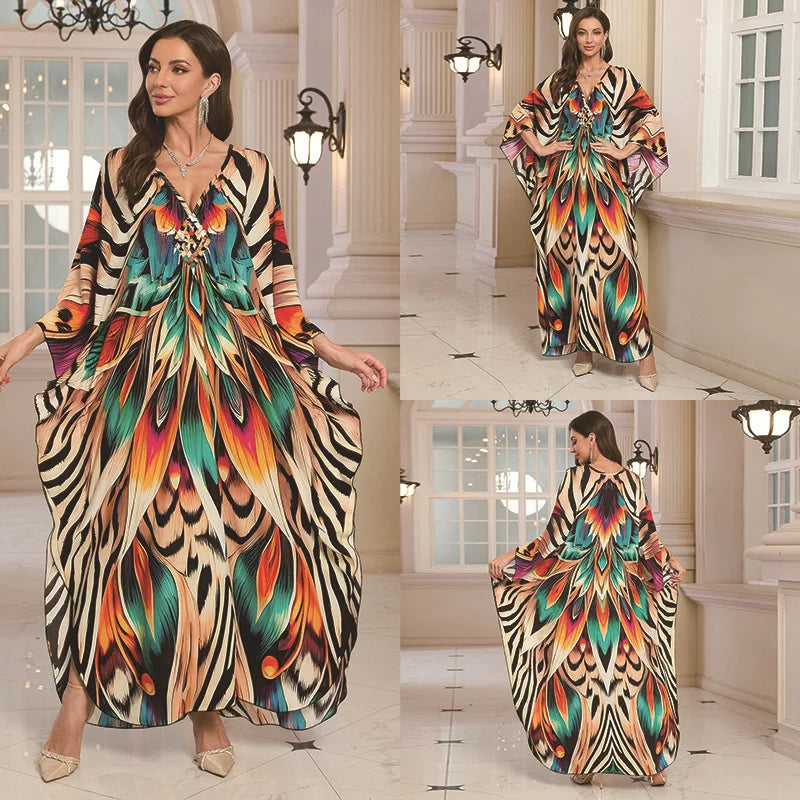 Kaftan-Kleider für Damen, Wellenhals-Badeanzug, Überwurf, Kaftan-Kleid, Übergröße, übergroßes langes Strandkleid