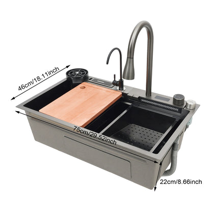 Küchenspüle aus Edelstahl mit ausziehbarem Wasserhahn, Wasserfallspüle mit Digitalanzeige, multifunktionale Küchenspüle für die Arbeitsstation