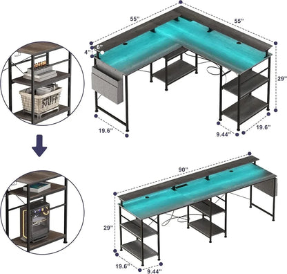 COSYHOMES - L-förmiger Computertisch, 2-stufiger, mit EU-Steckdose & RGB-Beleuchtung, 140x140x85cm