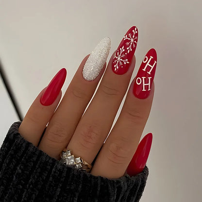 24Pcs Christmas Press on Nails White Snowflake  Fake Nails French Almond Glitter Artificial Nails Full Cover Nail New Year Gifts.