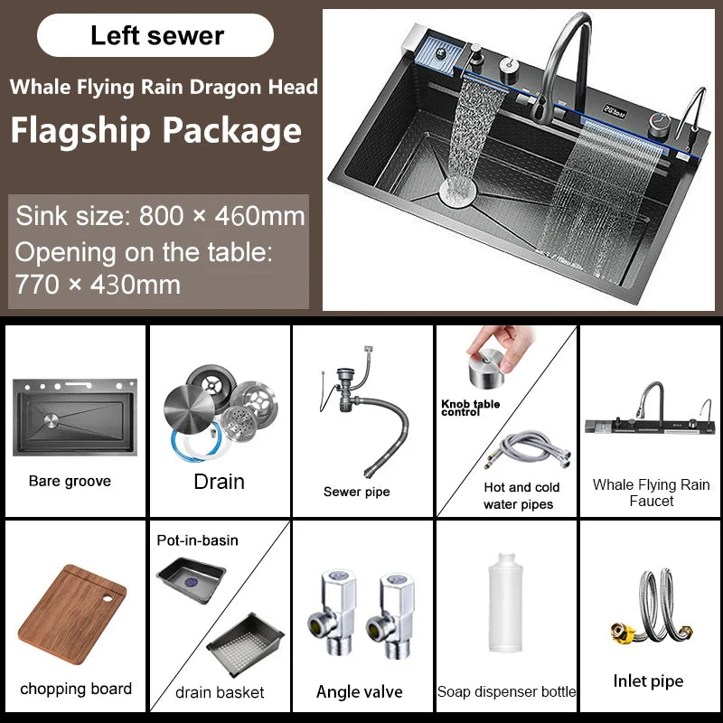 Edelstahl-Küchenspüle mit Wasserfall-Wasserhahn, integrierte Digitalanzeige, geprägtes Waschbecken für die Küche