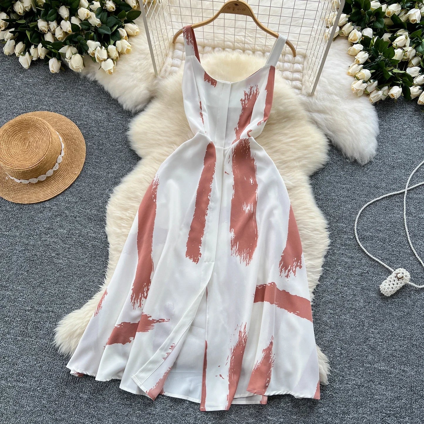 Neue Sommer Druck Süße Kleid Träger O Neck Backless Split Elegante Damen Urlaub Strand Party Midi Sommerkleid