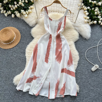 Neue Sommer Druck Süße Kleid Träger O Neck Backless Split Elegante Damen Urlaub Strand Party Midi Sommerkleid