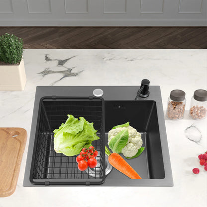Großes schwarzes Abtropfgestell für die Küche, Küchenspüle aus Edelstahl mit Abtropffläche, Gemüse-Doppelbecken mit Seifenspender