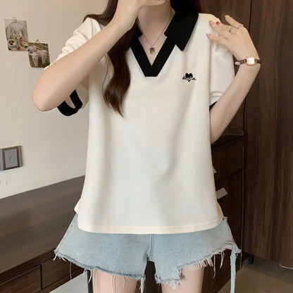 Plus Size Women's Casual Polo Neck Short Sleeve T-Shirt Slimming Belly Cover Summer Age Defying Shoulder Level Top