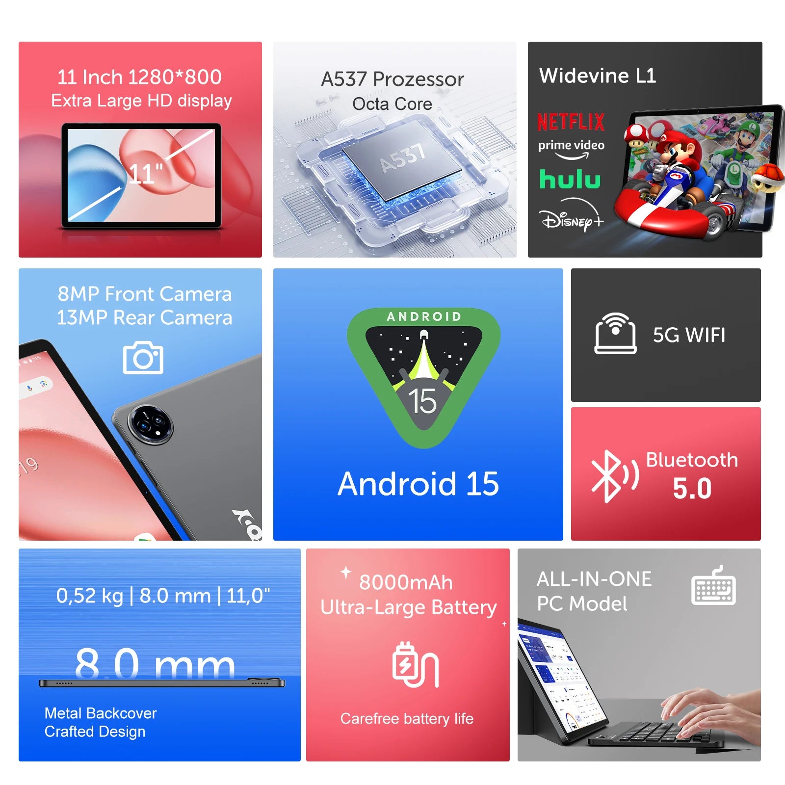 XGODY Q17 Android 15 Tablet 11 inch A573 Octa-Core CPU 2K HD Touch Screen 16GB RAM 256GB ROM Android 15 8000mAh 13MP+8MP Camera.