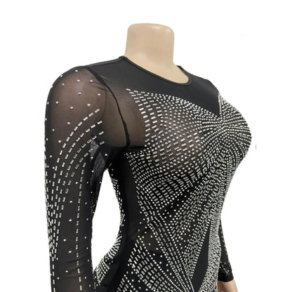 XIZOU Frauen Mesh Patchwork Diamanten Heißer Strass Bodenlangen Bodycon Meerjungfrau Maxi Kleid Sexy Party Abend Vestidos 2024.