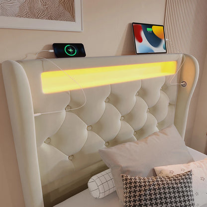 KOMHTOM Modernes Polsterbett Einzelbett 90x200cm mit LED-Leuchten, USB- und Typ-C-Anschlüssen, Hydraulisches Stauraumbett