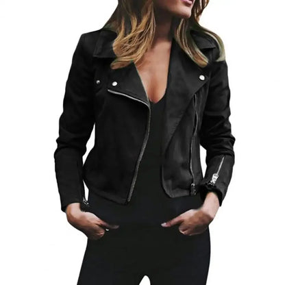 Biker Kurze Pu-Lederjacke Damen Einfarbig Revers Langarm Zip Up Kurze Jacke Mantel Punk Zip-Up Revers Kurzmantel Jacke.
