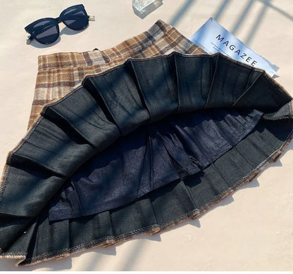 Plaid Woolen Blends Pleated Skirt For Women Fall Winter High Waist A-line Skirt Ladies Fashion Khaki Mini Skirts Vintage Female.