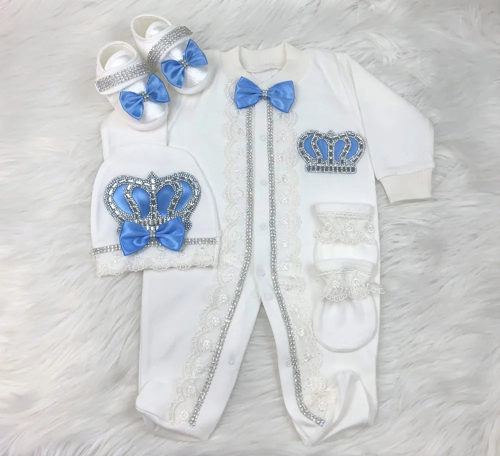 Dollbling Newborn Set Baby's Sets Rhinestone Crown 0-3 Months Hat+Bodysuits+Gloves+Shoes 4 Parts Boy Girl Jumpsuit Clothing