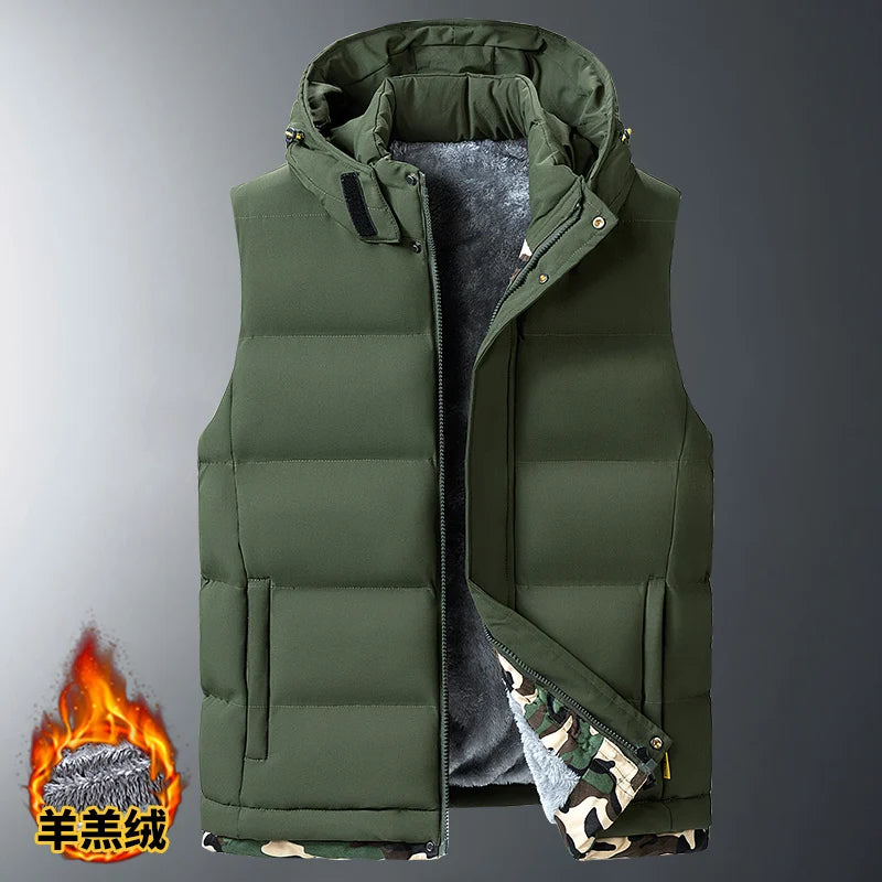 M-10XL Oversize Vests New Lambskin Vest Men's Autumn and Winter Warm and Detachable Hooded Youth Vests Windproof Waistcoats