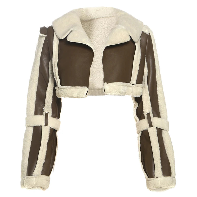 Weird Puss Furry Patchwork Women Crop Jacket Hipster Full Sleeve Open Stitch Hipster Streetwear Warm Outwear Basic Wild Coat.
