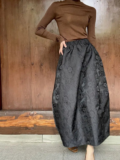 2024 New Arrival Spring/summer Arts Style Women Casual Loose Fit Elastic Waist A-line Jacquard Design Ankle-length Skirt P02.