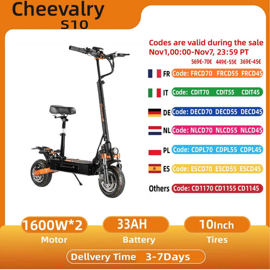Cheevalry S10 Electric Scooter 2*1600W Motor Adult EScooter 52V 33AH Battery E-Scooter 10 Inch Tire City Commuter EScooter.