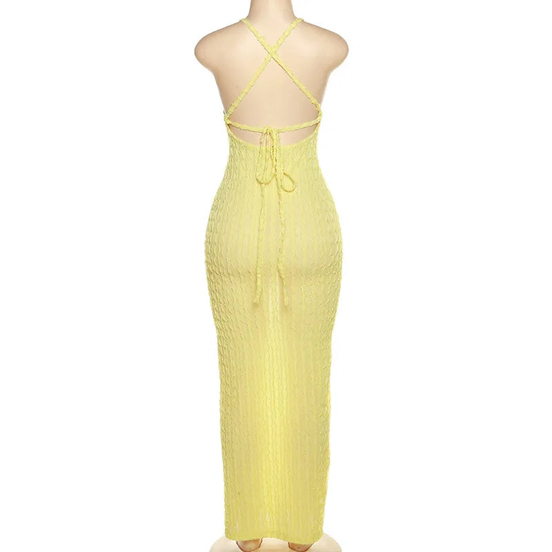 Sexy Streifen Rippen Stricken Schlank Bodycon Maxi Kleid Frauen Ärmellose Backless Lange Popcorn NDress Elegante Club Party Vestidos.