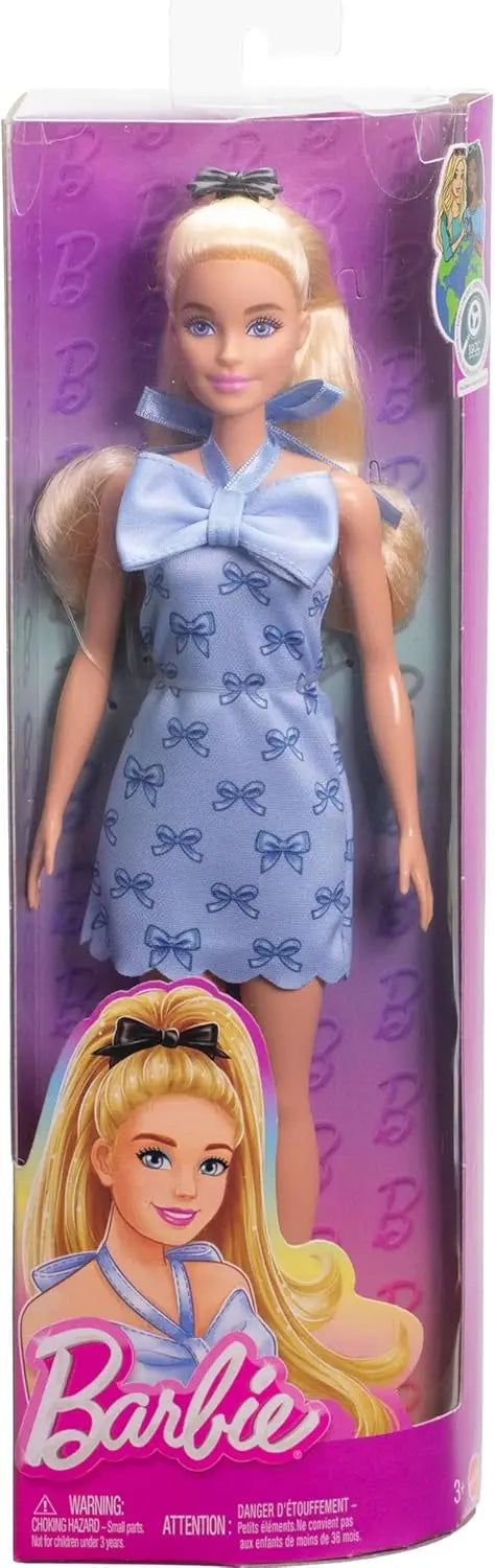 Origianl Barbie Fashionistas Doll 237 Toy Girl Wavy Blonde Ponytail Blue Bow Halter Dress Black Hair Bow Accessory Birthday Gift.